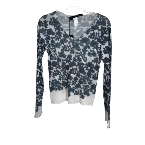 Les Copains Tops - Les Copains V-Neck Floral Sequined Shirt Top Size 44 Stretch NWT Blue White Luxe